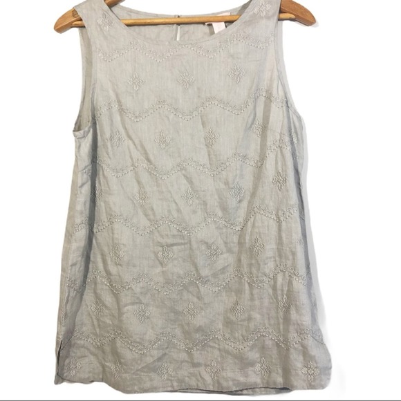 St. Tropez Gray 100% Linen Sleeveless Embroidered Blouse Women's Size Small - Picture 2 of 8